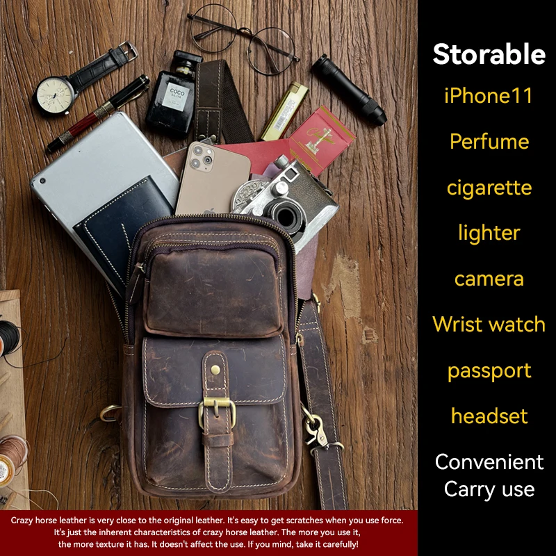 Men's Chest Bag Handmade Genuine Leather Chest Sling Bag Male Cross-Body Bag Travel Crazy Horse Leather Chest Shoulder Bag