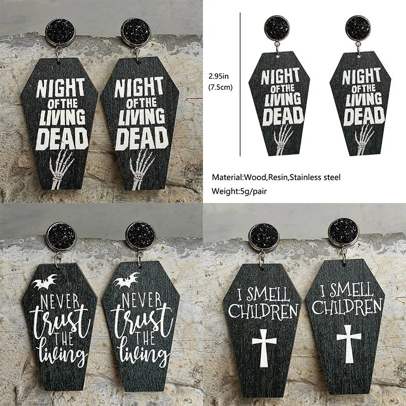 

Black Wooden Halloween Earrings Grave Undead Bat Cross Coffin Skull Print Drop Earrings for Women All Hallows' Day Jewelry Gift