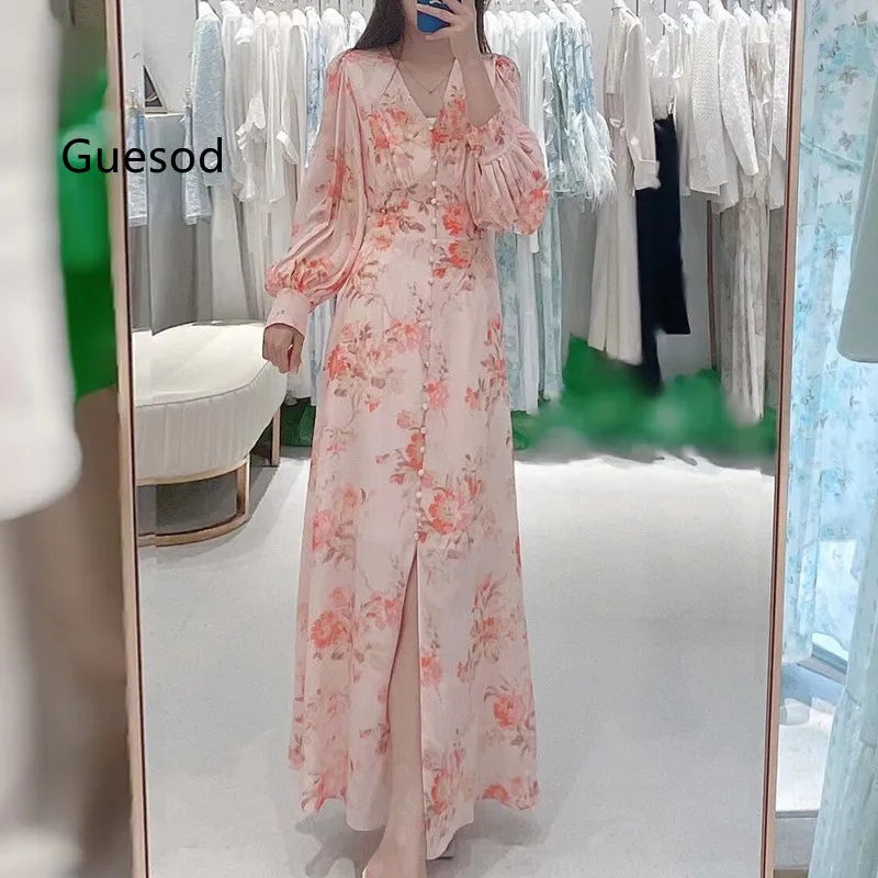 

Guesod Silk Long Dress Spring Female 2022 Print Pink Silk V-Neck Diamond Single Breasted Slit Silk Long Dress New