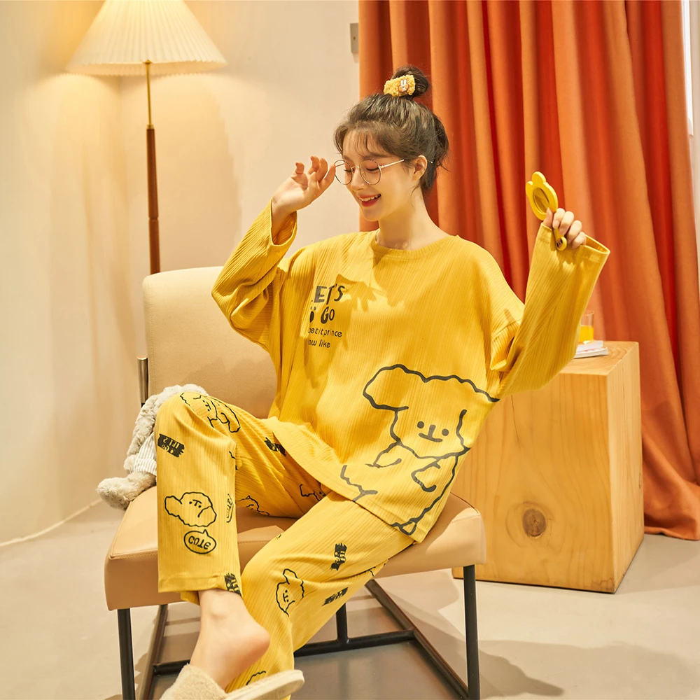  Домашняя одежда, Новинка весна/зима, брюки из 100% хлопка с длинными рукавами, Женский Пижамный костюм, длинная пижама в мультяшном стиле…