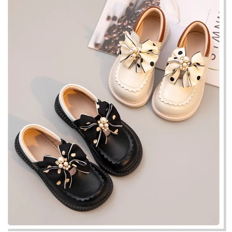 Girls' Leather Shoes Princess Shoes  New British Style Pearl Bow Single Shoes Children's Spring Black Small Leather Shoes