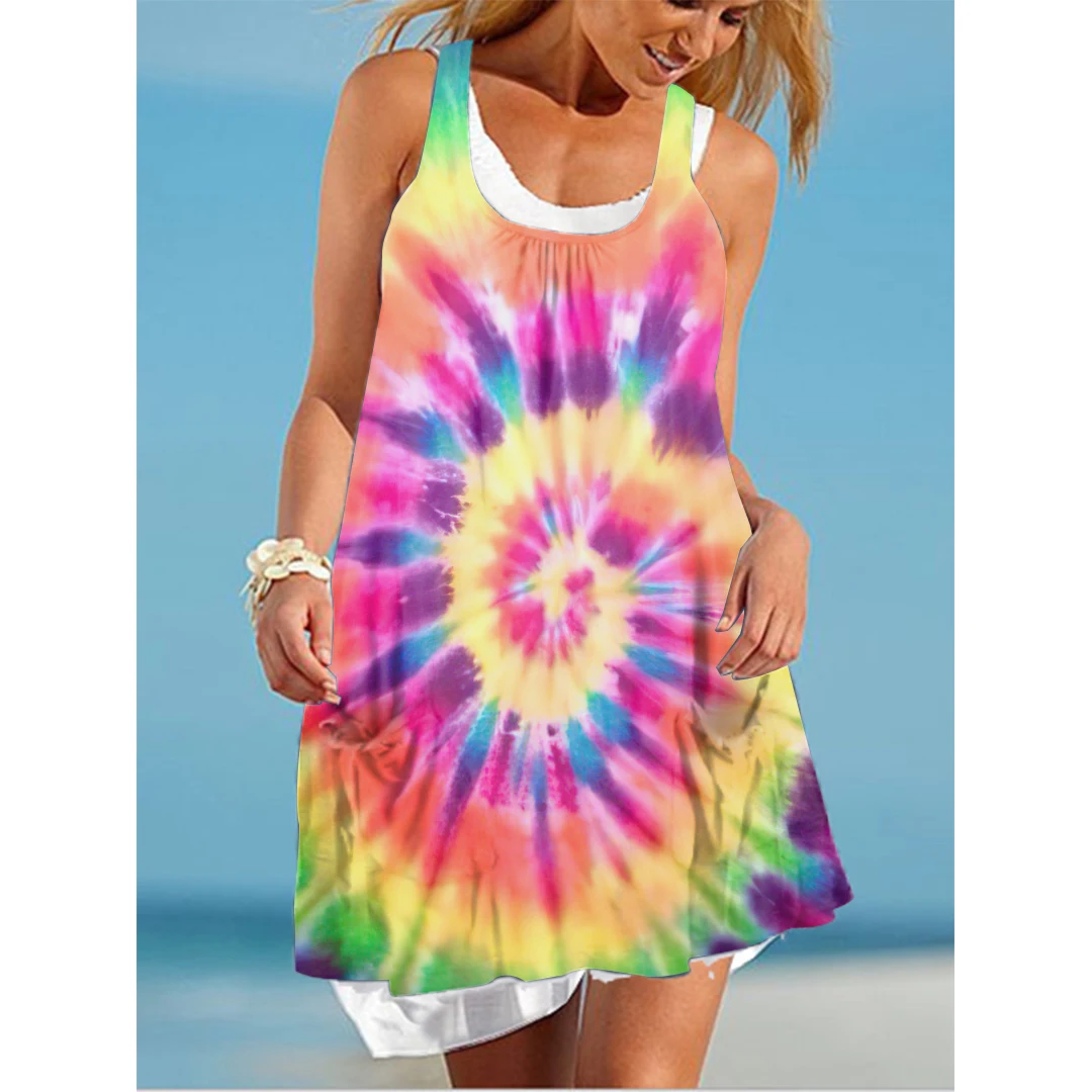 

Dresses For Women 2022 Summer 3D Rainbow Suspender Two-Piece Printed Vintage Female Beachwear Dress Sexy Girls Boho Midi Dress