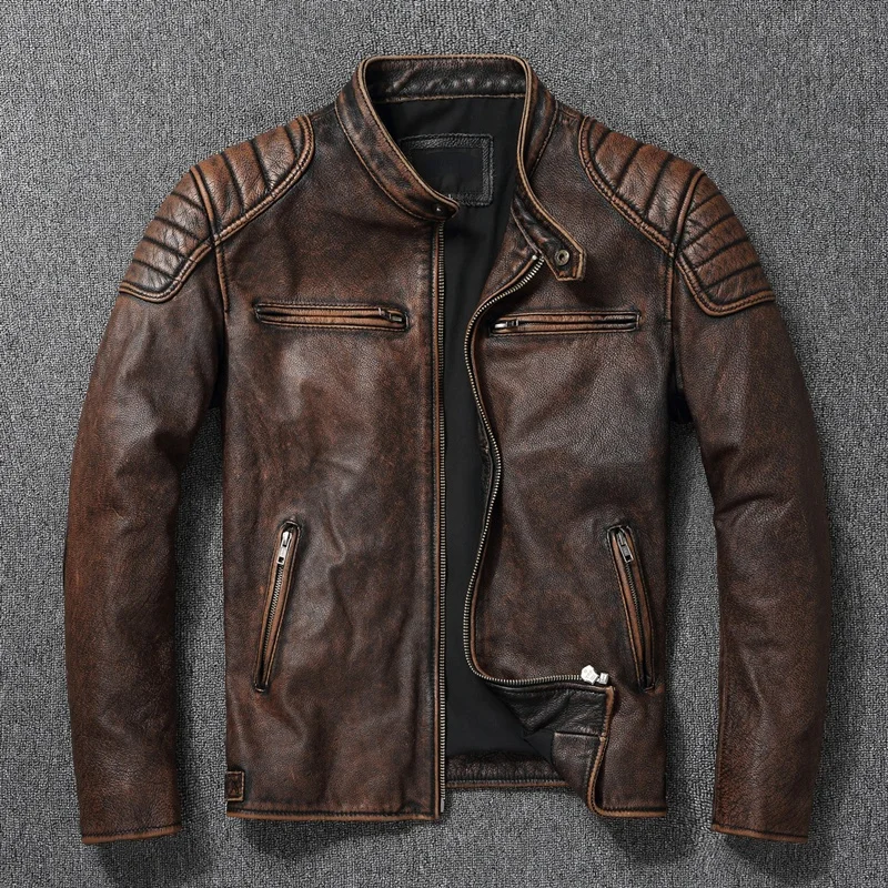 

Мужская байкерская куртка из натуральной воловьей кожи, желтая или коричневая винтажная мотоциклетная куртка, Азиатский Размер 6XL, одежда д...