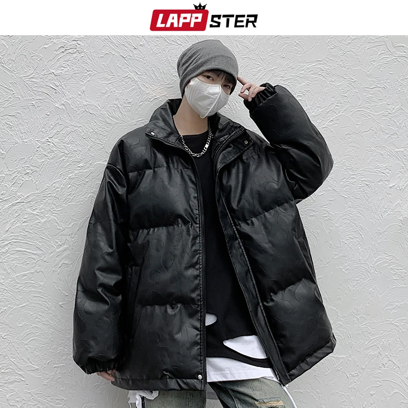 LAPPSTER Y2k Leaves Print Winter Leather Jacket 2022 Men Japanese Streetwear Parkas Hip Hop Bubble Coat Korean Puffer Jackets