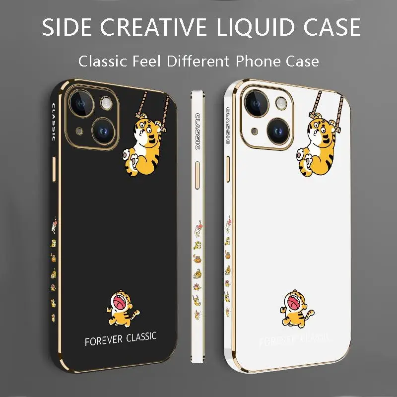 Naughty Little Tiger Luxury Plating Phone Case For iPhone 14 13 12 11 Plus Pro Max Mini X XR XS SE2020 8 7 6 6S Plus Cover