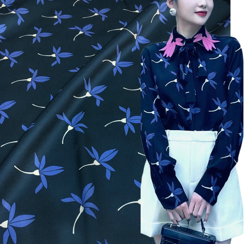 Brand stretch twill silk satin mulberry navy blue hand-painted violet floral print fabric cloth for sewing per meter