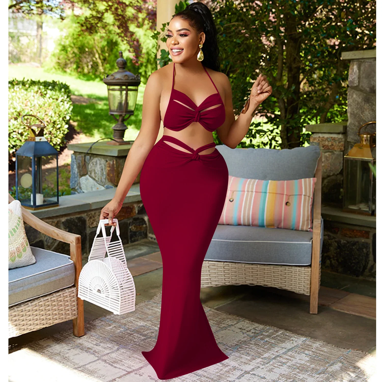 

Women Draped Crop Top and Cutout Waist Maxi Mermaid Skirt Two Piece Set Sexy Party Outfits