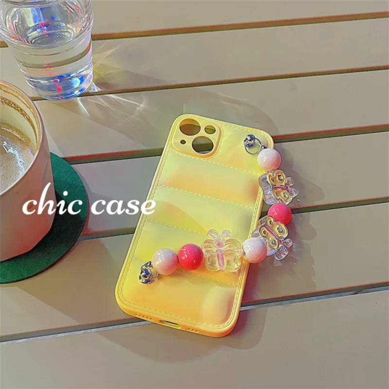 Korea Cute Butterfly beads Bracelet Wrist Chain Case For iphone 13 12 11 Pro Max 2022 Spring Yellow Down Jacket Soft Back Cover |