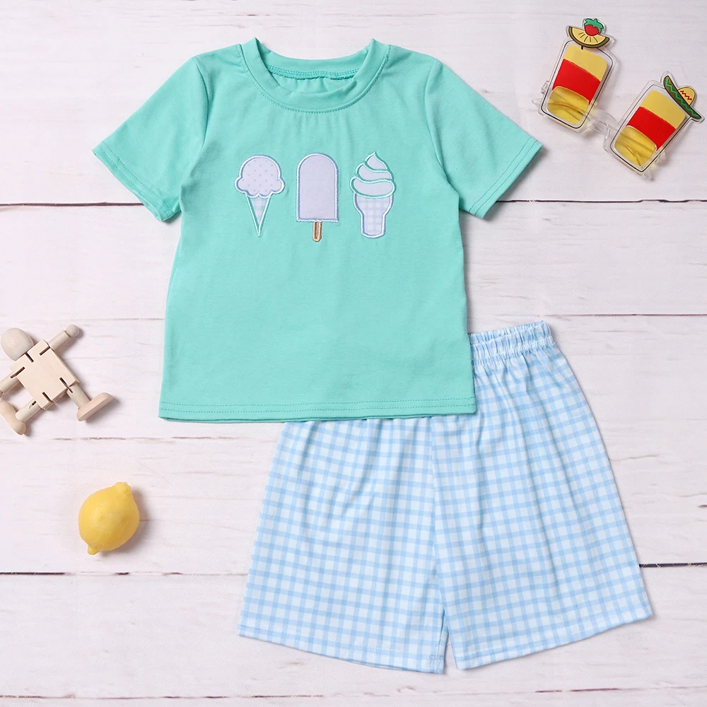 

Summer Mint 1-8T Outfits Baby Boy Clothes Set Ice Cream Embroidery Bodysuit Toddler Sleeve Babi T-shirt Bluey Lattices Shorts
