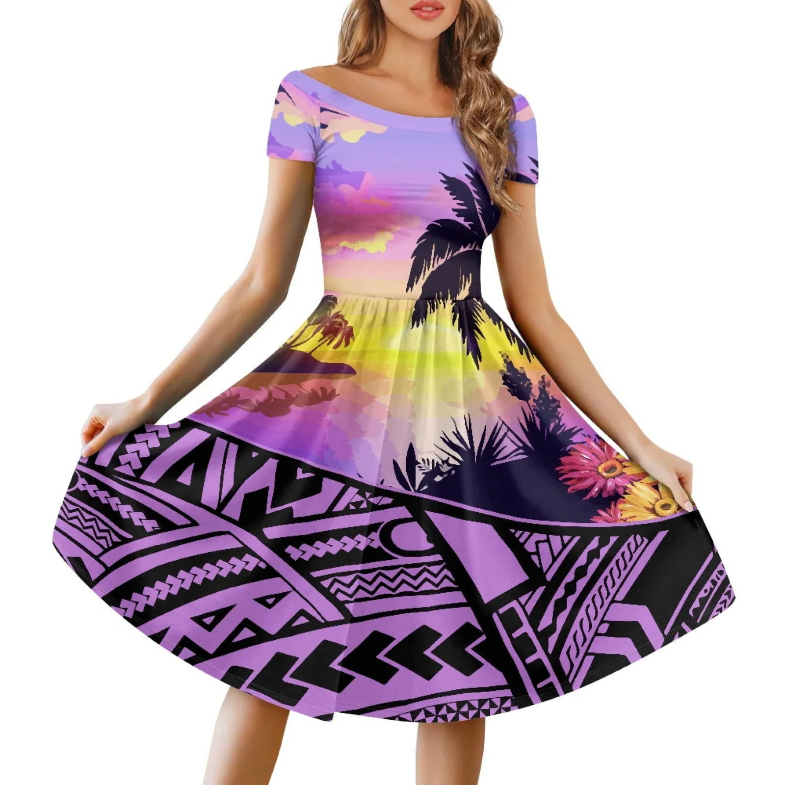 

Polynesian Tribal Hawaiian Totem Tattoo Hawaii Prints Short Sleeve Polyester Off-The-Shoulder Dress Cocktail Party Beach Dress