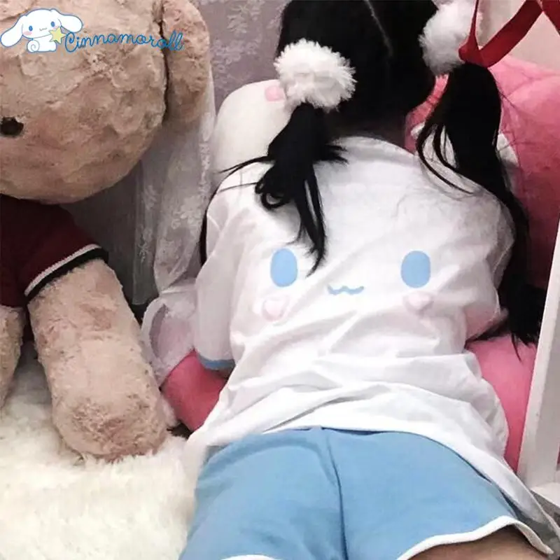 

Sanrio Kawaii Summer Cute Cinnamoroll Anime Print Sky Blue Loose Short T-Shirt Shorts Sleeves Set Girl Tops Gifts Toys for Girls