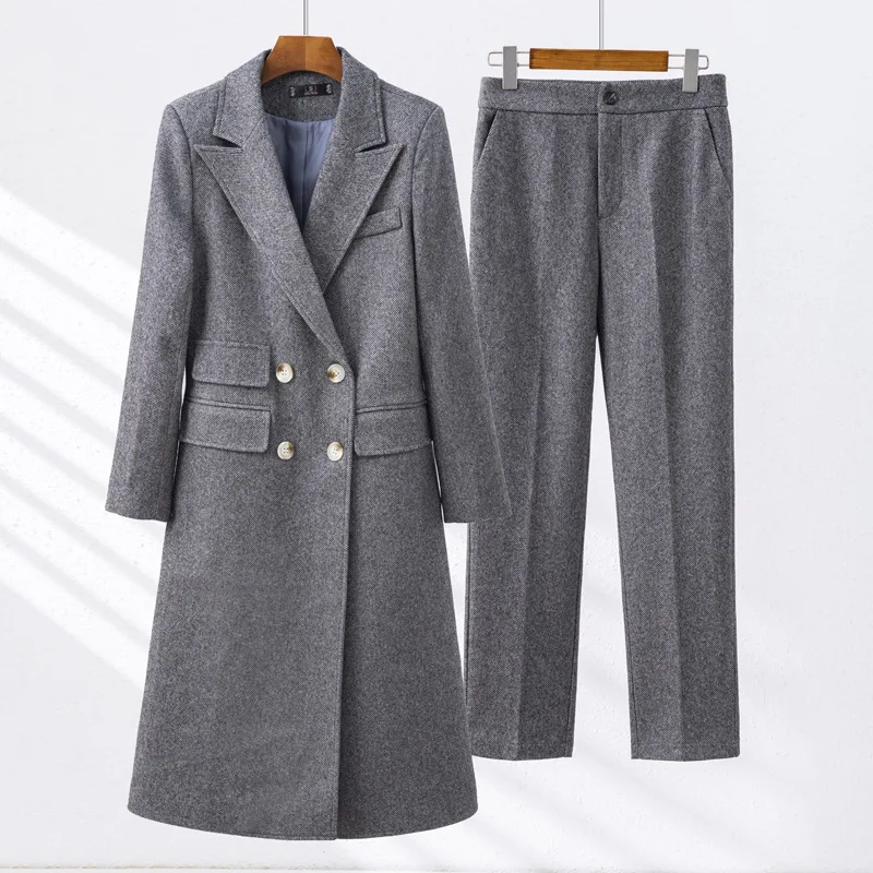 Grey Wool Suit Jacket Women's Mid-length Autumn/winter High Sense Casual Fashion Long Large Size Suit Coat Two-piece Set