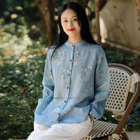 2022 chinese vintage floral printed blouse cotton linen casual blouse national chinese style hanfu tops women tang suit blouse