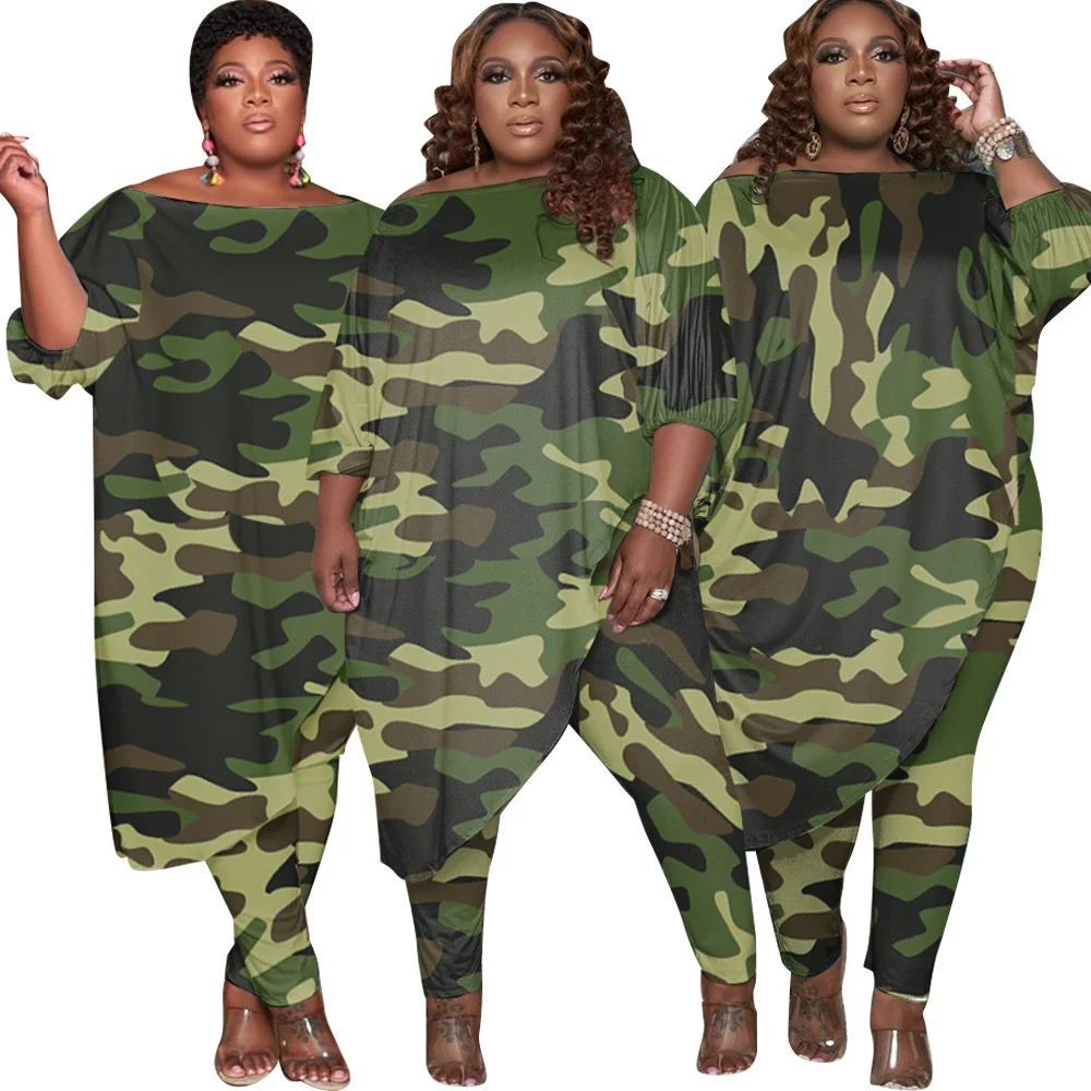 Plus Size Autumn Style Trendy Women Clothing Tracksuit Womens Long Loose Camouflage Oblique Shoulder Wholesal 3xl 4xl 5xl 6xl