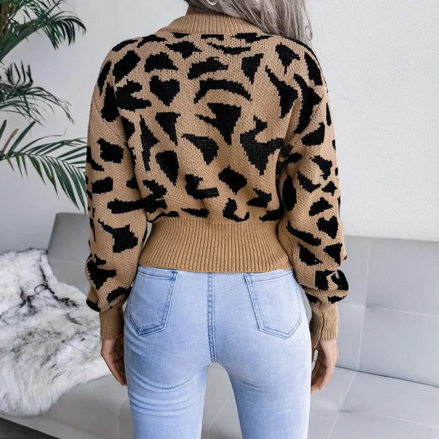 Fashion knitted o neck sweater for women pullover Autumn and winter leisure leopard print waist knit short sweater jumpers tops 2