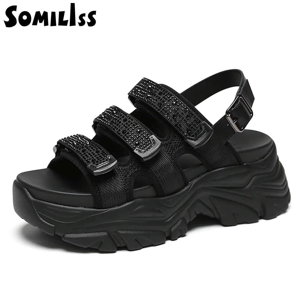 SOMILISS Women Summer Platform Sandals Hook And Loop Fastener Webbing Bright Drill Ladies Fashion Flat Casual Shoes for Women