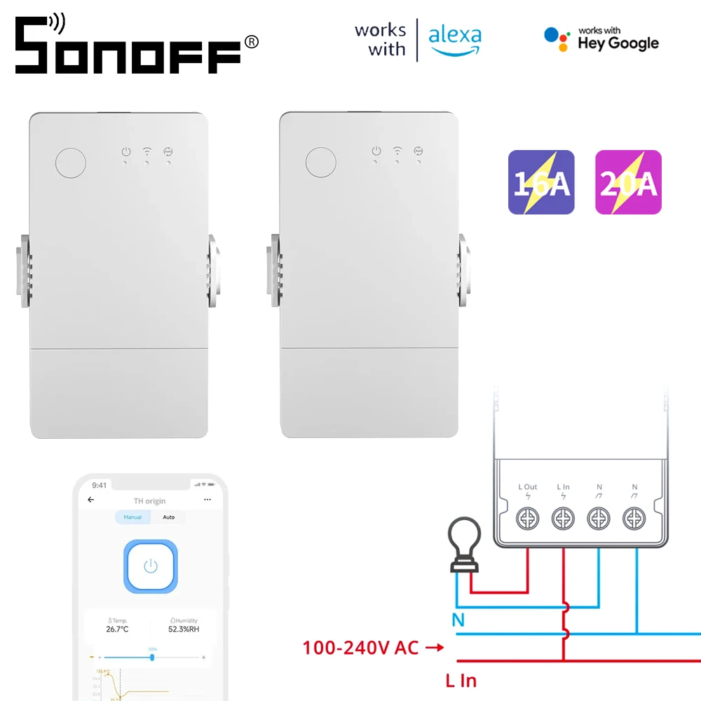 SONOFF TH16 обновленный Wi-Fi переключатель 16 А/20 А монитора температуры и влажности с