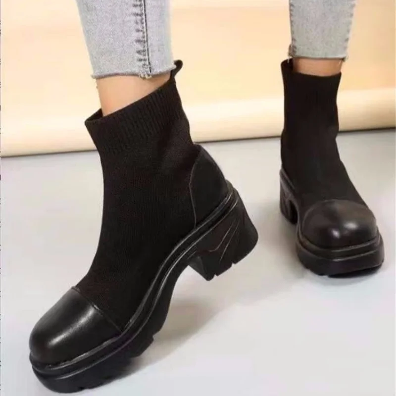 

White Women Boots Knitted Stretch Platform Boots Ladies Shoes Sock Ankle Boots Female Slip-on Autumn Shoes Black Plus Size