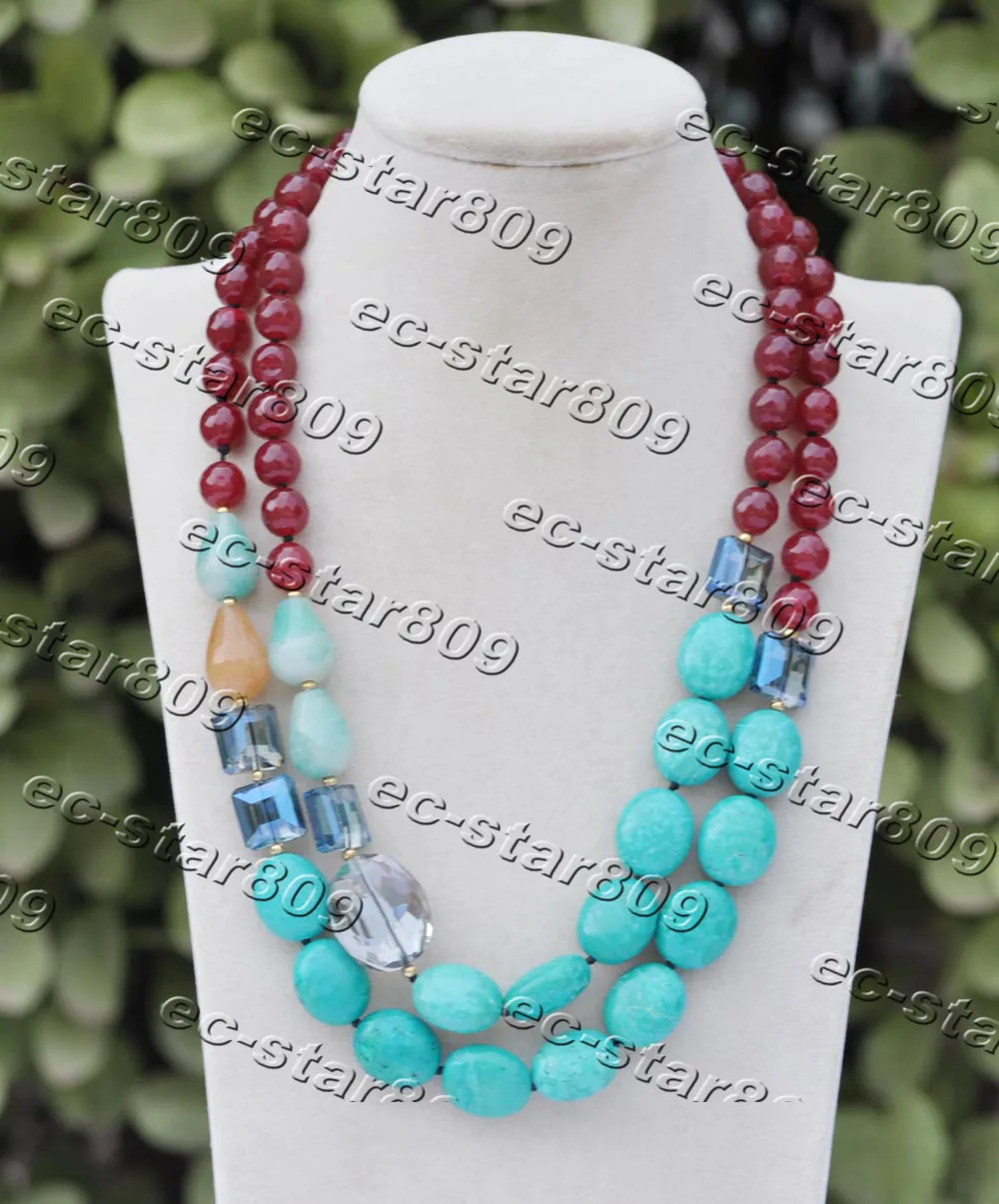 

Z11430 2Row 20" Red Agate Egg Turquoise Amazon-stone Smoky-Quartz Necklace