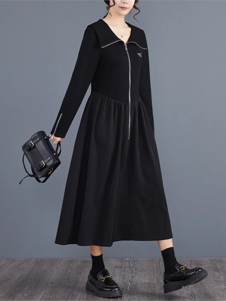 Осеннее платье женское с тонкой талией модное плиссированное длинное рюшами