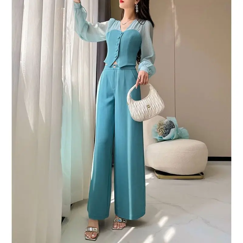 

Fashion Outfits Women's Spring Autumn 2023 New Fashionable Spliced Mesh Top Casual Slim Wide Leg Pants Two Piece Set Trend