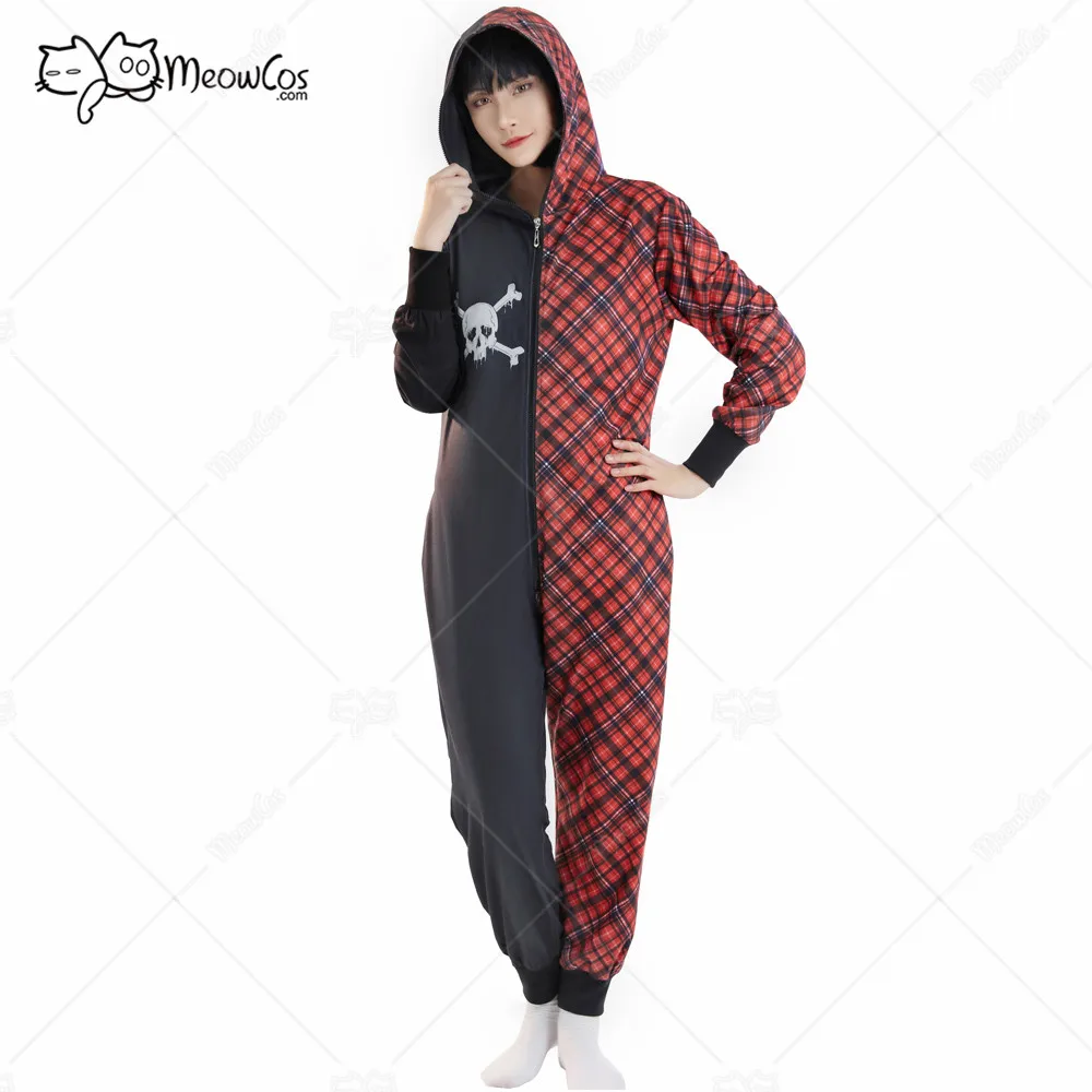 

Women Onesie Pajama Plaid Skull Print Loungewear Adult Hooded Homewear Kigurumi Sleepwear