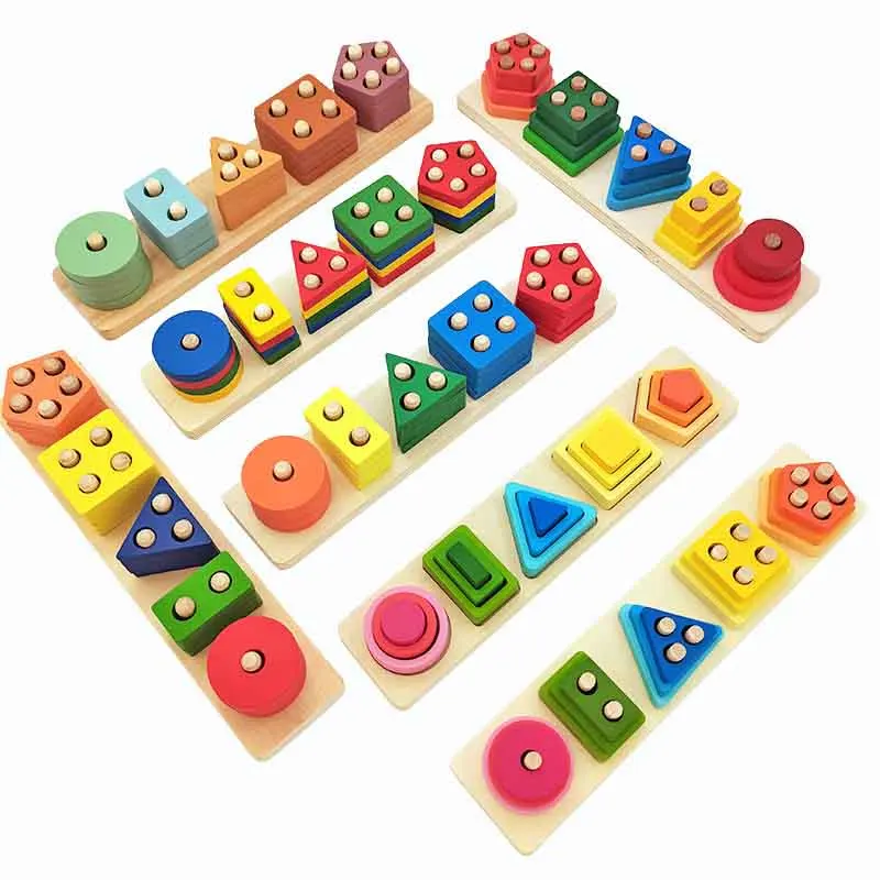 

Wooden Geometric Shape Five Sets of Columns Wisdom Column Montessori Toys Early Education Cognitive Building Blocks Toy Gift