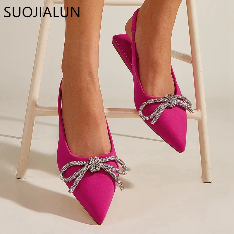 SUOJIALUN 2022 Summer New Fashion Crystal Bow-knot Women Sandal Flat Heel Pointed Toe Shallow Slip On Mules Dress Sandals Slides