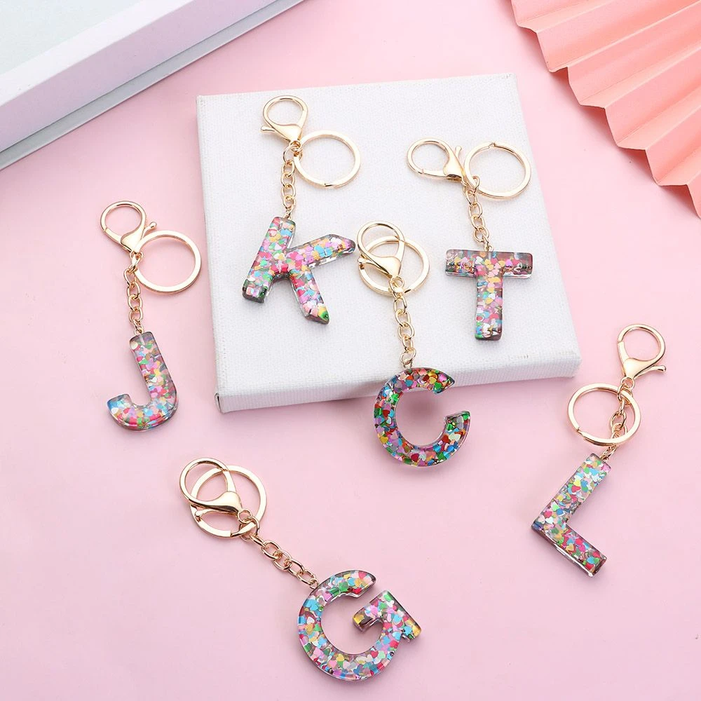 

Exquisite 26 Letters Resin Love Heart Sequins Key Ring Pendant Creative Car Keychains Charms Men Women Bag Ornaments Accessories