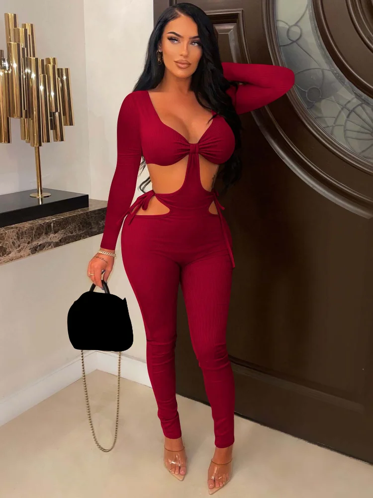 

WUHE Rib Knit Hollow Out Bodycon Jumpsuit Sexy Cut Out Side Lace Up Women Long Sleeve Rompers Night Party Club Birthday Overalls