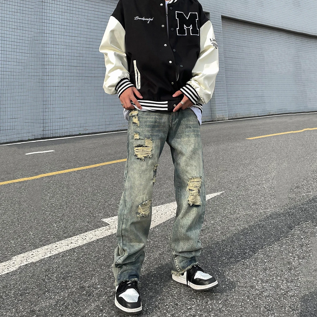 Men Jeans High Street Hip Hop Retro Hole Straight Loose Y2k Pants Loose Jeans Street Clothes Korean Fashion Street Clothes Jeans