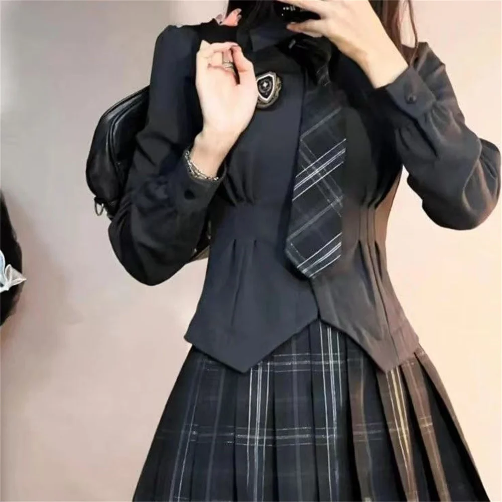 

Black JK Uniform School Shirt Female Spicy Girl Pure Desire College Style long Sleeve Slim blouse Design Top Autumn Summer