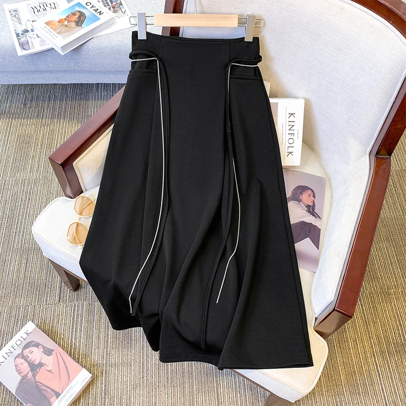 

Casual Large Size Black Skirts For Women's Clothing 2023 Summer New Elegant Petticoat High Waist Slim A-line Skirt AC414