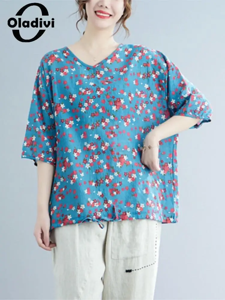 

Oladivi модный принт Женская футболка с коротким рукавом повседневные свободные хлопковые льняные футболки 2022 летние футболки большого разме...