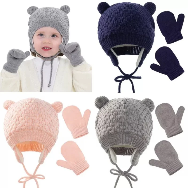 

3pcs/set Thick Warm Baby Knitted Baby Hat Gloves Cap Children Hat Gloves Beanie Winter Ear Warm Kids Hat Baby Bonnet Muts