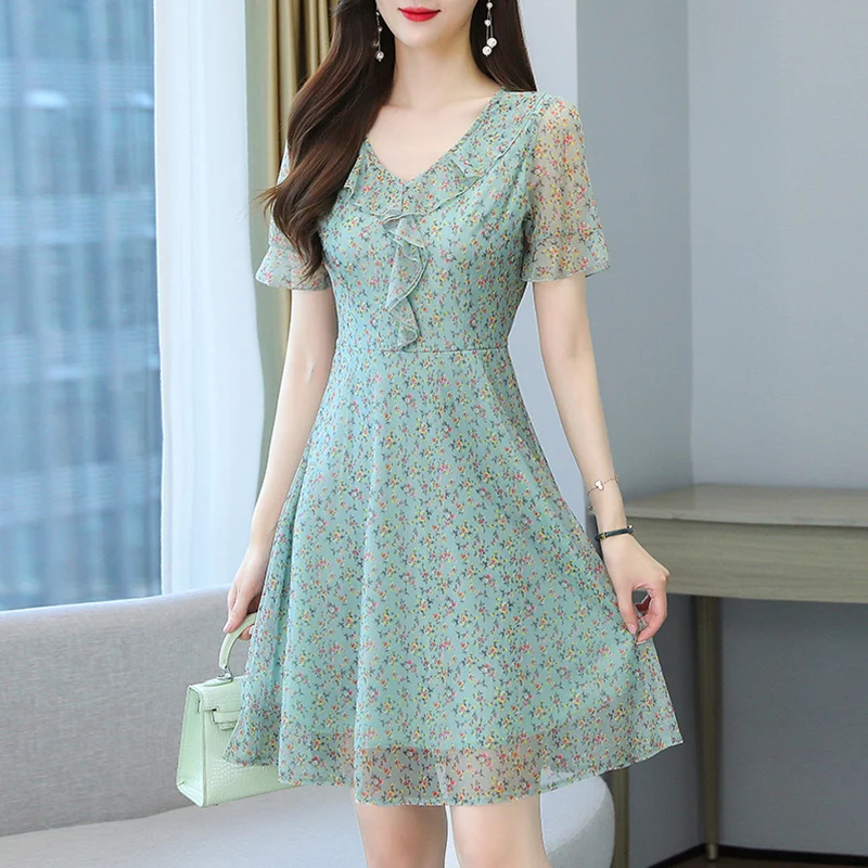 Женское шифоновое платье в горошек элегантное Красное или черное миди с коротким