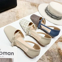 tophqws retro elegant sandals woman summer flat shoes 2022 square toe slip on designer shoes quality pu leather female sandals