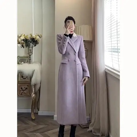 Женское шерстяное пальто, фиолетовое утолщенное пальто средней длины в стиле Хепберн, Осень-зима 2023