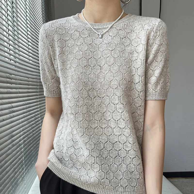 100% чистый свитер женский ажурный с коротким рукавом свободный футболка