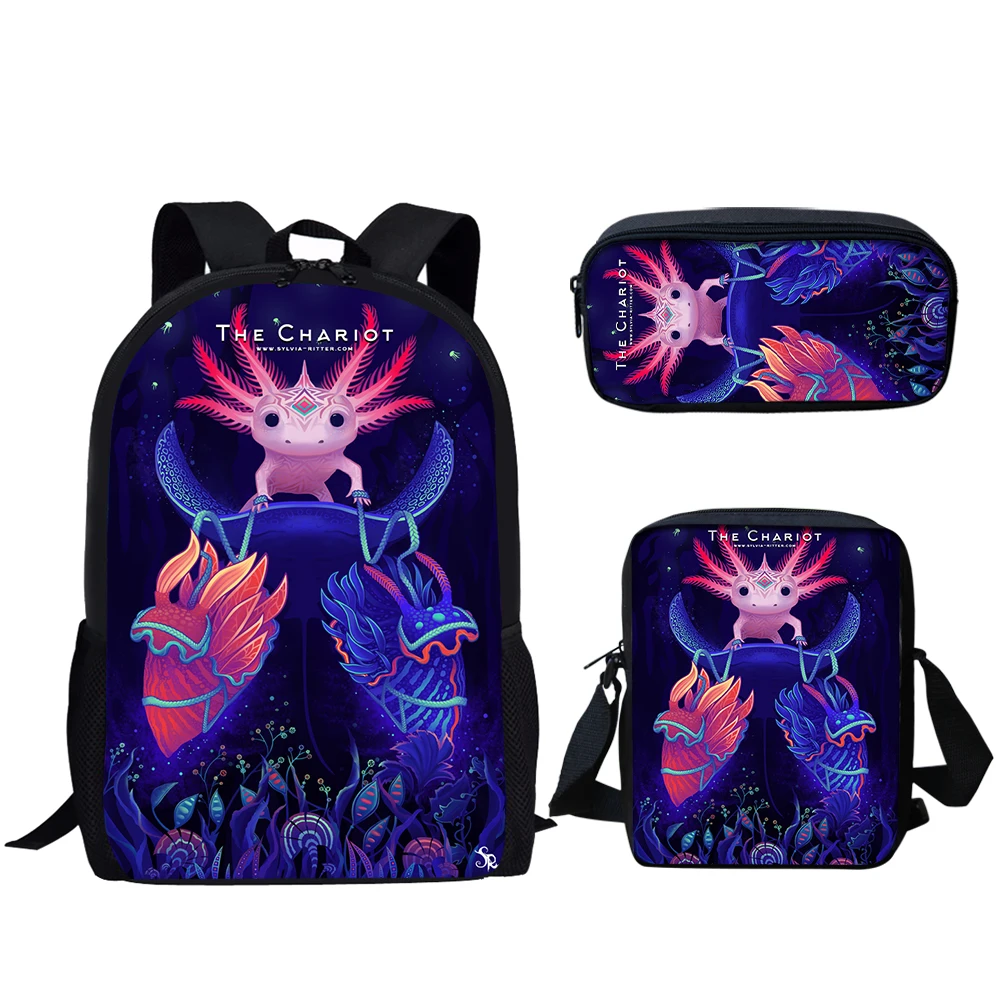 Belidome 3Set School Bags for Teen Girls Cartoon Axolotl Print Lightweight Backpack for Kids Back to School Mochila Infantil