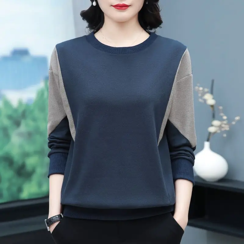 

Office Lady Simplicity Interior Lapping Fashion T-Shirts Loose Solid Color Patchwork O-neck Long Sleeve Pullovers Women Clothing