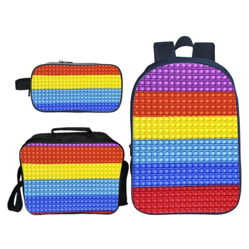 3 Piece Set 16 Inch Pop Its Peripheral Printed Children School Bags Cute Girl Boy Rainbow Backpack