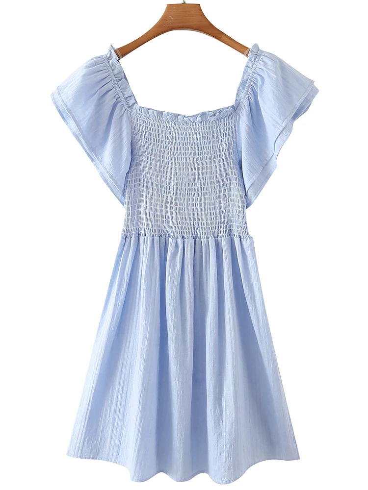 

2022 Fashion Women Butterfly Sleeve Cotton Blue Dress Sexy Square Neck Short Ladies Casual Dress Summer Vestido
