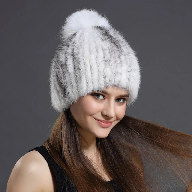 Mink Hat Winter Puffy Knitting Fox Fur Ball Ear Protection Mink Fur Fox Ball Hat for Women Winter Solid Skiing Warm Hat Adult