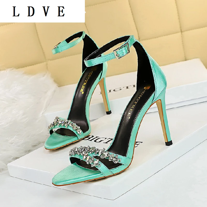 

European and American fashion summer high heels stiletto super high heel satin hollow open toe rhinestone sandals
