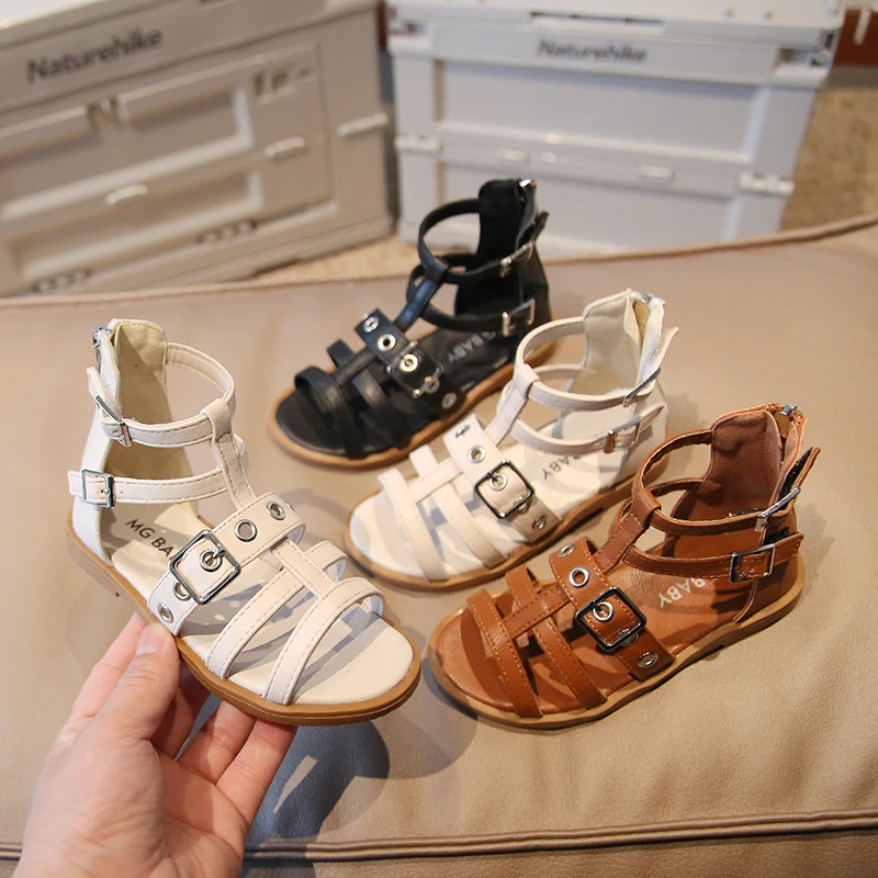 

Summer Girls Gladiator Buckle Sandals Toddler Girls Leather Princess Dress Shoes Kids Party Shoes Beige Roman Sandals Size:26-35