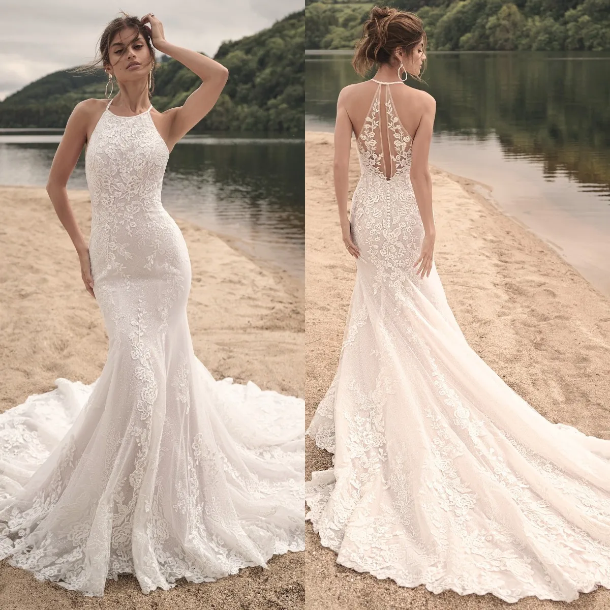 

Elegant Beach Mermaid Wedding Dresses Lace Appliqued Beads Bridal Gowns Sexy See Thru Back Glitter Sequins Robes de Mariee