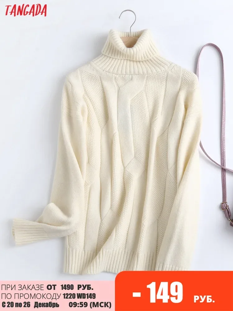 

NEW2023 Tangada 2021 High Quality Women Beige Woolen Turtleneck Knitted Sweater Jumper Female Elegant Pullovers Chic Tops 6D70