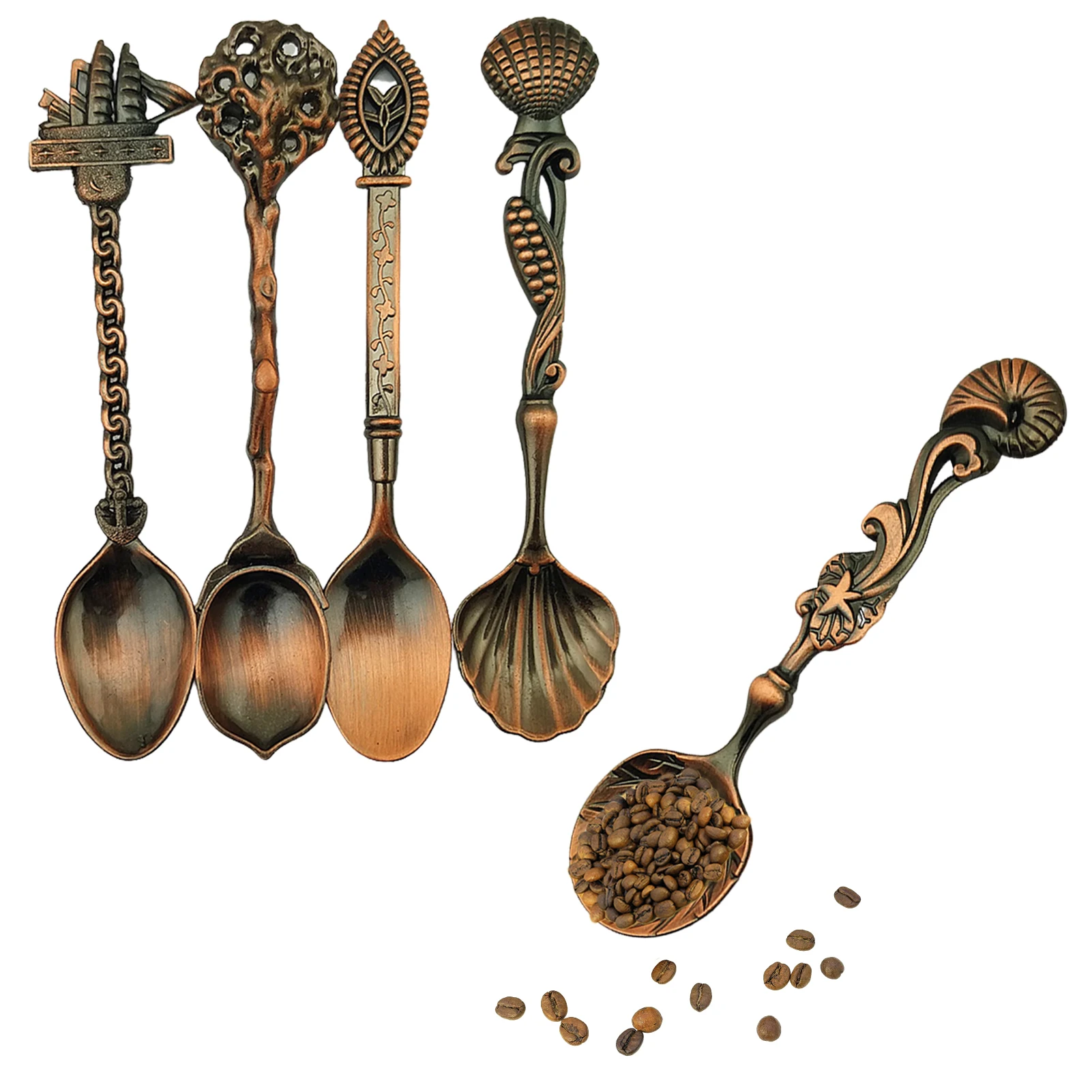 

Кофейные ложки в стиле ретро, античная кофейная ложка, 5 шт., чайные ложки из нержавеющей стали, антикварные чайные ложки для кафе, кухонные и...