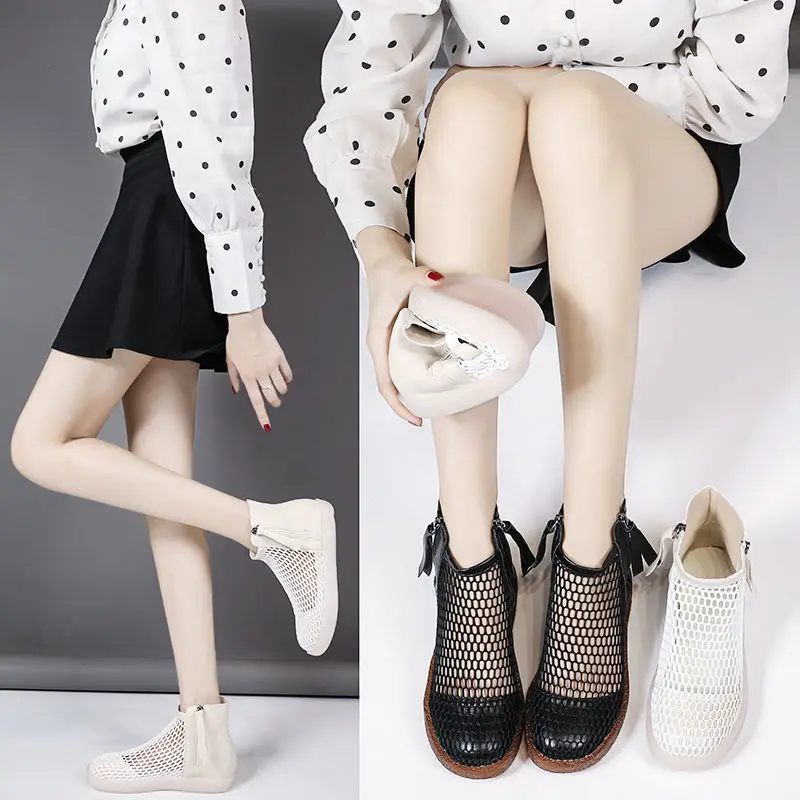 

High-Top Sandals Women's Shoe Fashion Soft Comfortable Breathable Leather Hollow Net Boots New Casual Flat Sports Women's Boots